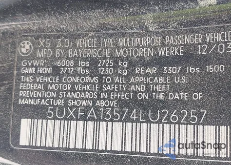 2004 BMW X5 3.0I z USA, uszkodzony, nr VIN 5UXFA13574LU26257